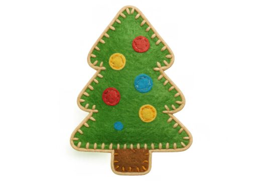 Felt christmas tree ornament with colorful stitched decorations, handmade holiday craft on transparent background