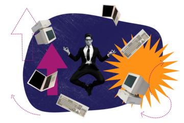 Exclusive poster art collage of serious businessman jump lotus pose workload multitask keypad monitor pc laptop freelancer meditation