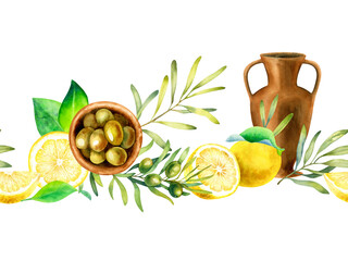 Watercolor seamless border of lemons, ceramic amphora, green olives and branches isolated on a white background.