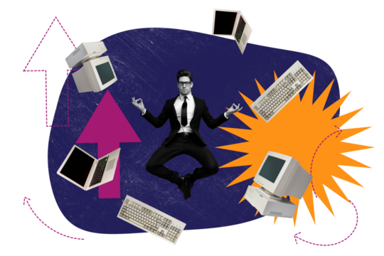 Exclusive poster art collage of serious businessman jump lotus pose workload multitask keypad monitor pc laptop freelancer meditation - Powered by Adobe