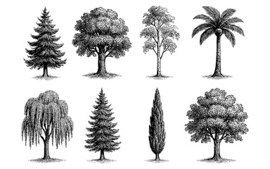 Fototapeta premium Vintage style collection of diverse hand drawn trees featuring various species