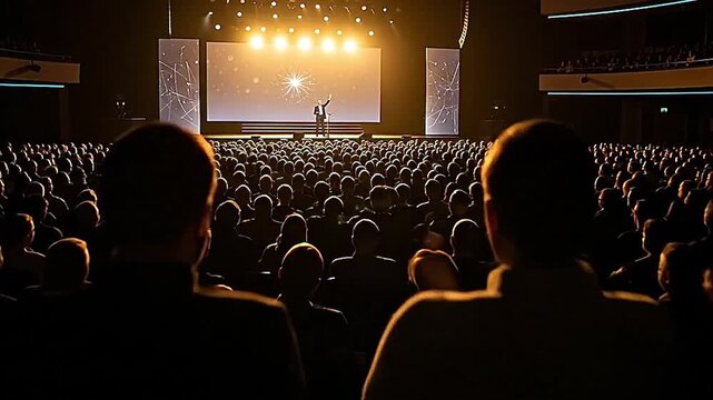 Conference event presentation stage crowd audience speaker seminar talk show