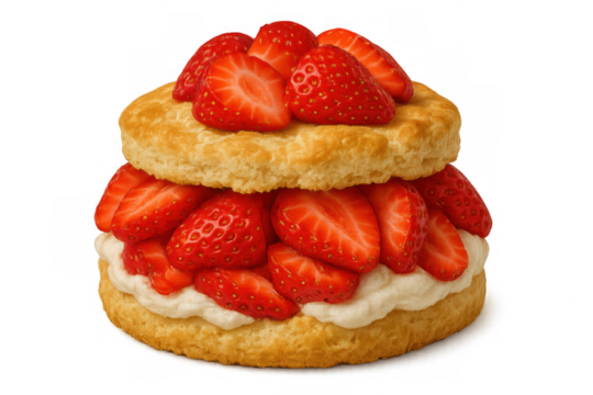 Strawberry shortcake with fresh sliced fruit and whipped cream on a biscuit base, transparent background