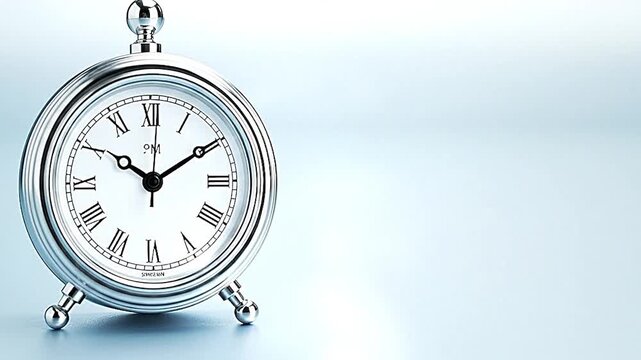 A silver alarm clock with roman numerals on a light blue background