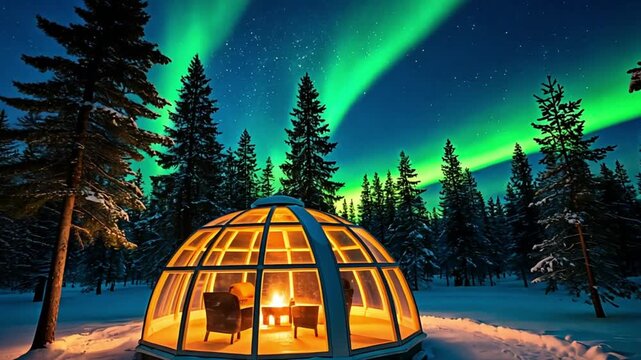 Glass igloo offering a warm and cozy viewing experience of the vibrant aurora borealis over a snow-covered winter forest