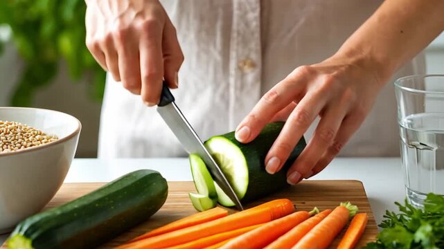 Person&rsquo;s hands slicing fresh zucchini on a wooden cutting board, preparing a healthy vegetarian meal with carrots and grains