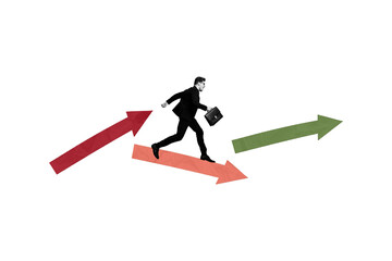 Poster collage image picture of running mini businessman step forward success on arrows pastel background