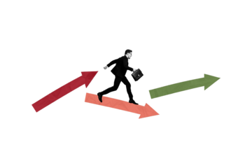 Poster collage image picture of running mini businessman step forward success on arrows pastel background