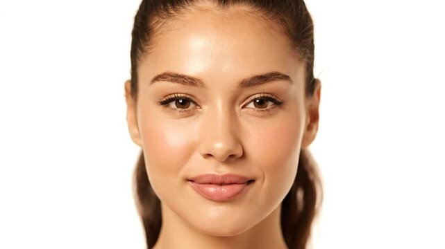 Dynamic Close-Up Pan Across a Beautiful Young Woman's Smiling Face, Showcasing Radiant Skin and Expressive Eyes