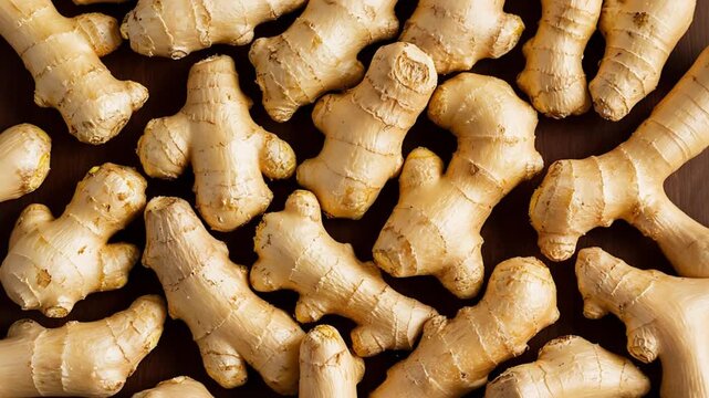 Whole ginger roots scattered on a dark surface, highlighting healthy food, pungent flavor, and culinary ingredient concepts