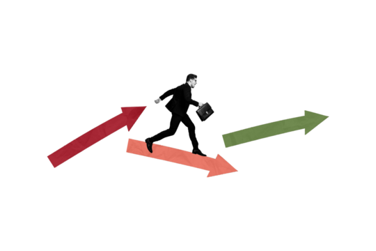 Poster collage image picture of running mini businessman step forward success on arrows pastel background