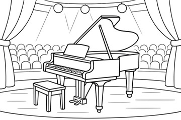 Grand Piano Coloring Page. Grand piano on stage children?s coloring book illustration, outlined drawing, a concert hall stage with a simple grand piano under