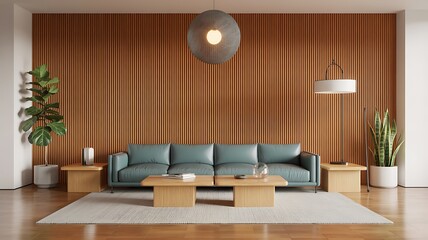 Modern living room with blue sofa and wood slat wall interior contemporary