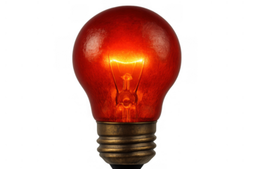 Red glowing light bulb symbolizing electric power, energy and innovation, with transparent background