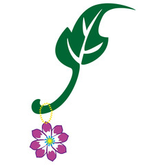 Floral stem illustration. Pink blossom shape. Green leaf vector. Decorative flower symbol