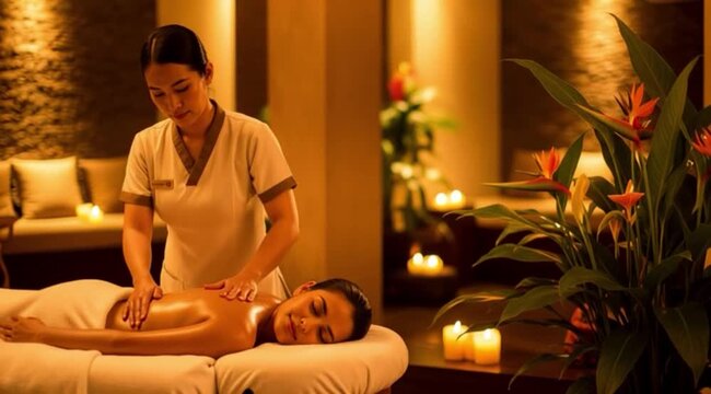 Mulher recebendo uma massagem corporal em um spa. Cuidado e bem-estar.