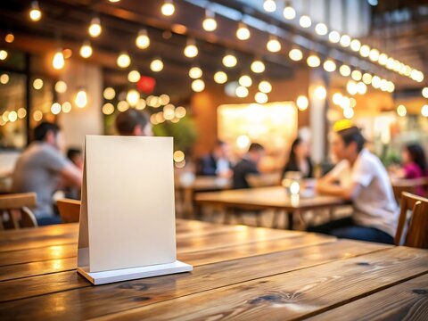 Mock up blank menu frame on table in bar restaurant cafe with blurred people background, stand for booklets - Powered by Adobe