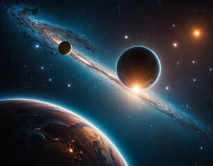 Exploring distant galaxies with vibrant celestial bodies and glowing orbs in a spectacular 3D universe crafted by artifi