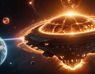 Captivating cosmic encounter of a futuristic space station with vibrant solar flares and a nearby planet in a bustling g