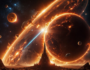 Exploration of a distant cosmos where a fiery planet looms near a magnificent dark fortress under a radiant ringed celes