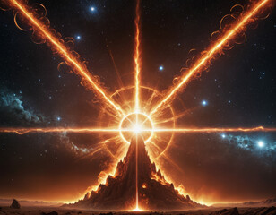 Vibrant cosmic landscape featuring a radiant sunburst illuminating a majestic mountain in an otherworldly realm at twili