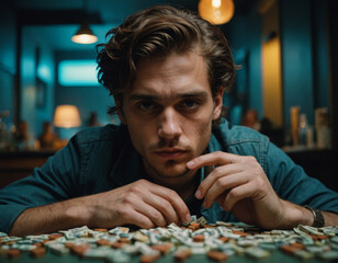 Intense poker game unfolds in a dimly lit room with piles of chips and a focused player ready to take on high stakes Gen