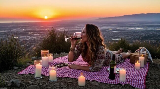 Uma mulher est&aacute; bebendo uma ta&ccedil;a de vinho enquanto faz um piquenique no topo de uma montanha com vista para a cidade.