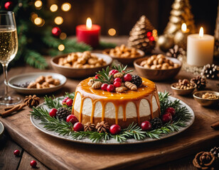Festive dessert table featuring rich caramel cake adorned with seasonal fruits, surrounded by festive decor and warm can