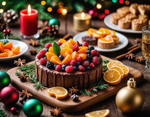 Deliciously festive dessert spread featuring a beautifully decorated cake with assorted fruits and treats for a cheerful