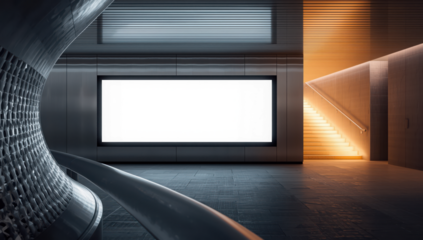 Transparent a wide, horizontal blank screen is set against a modern wall with warm orange lighting and a textured foreground element mockup 