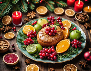 Festive bounty of vibrant fruits and pastries on a beautifully arranged table adorned with candles and greenery, celebra