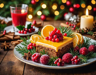 Delicious festive dessert displayed on a beautifully arranged table, showcasing vibrant colors and seasonal decorations 
