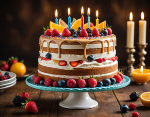 Celebrate with a stunning two-tier cake adorned with vibrant fruits and colorful candles creating a joyful atmosphere fo