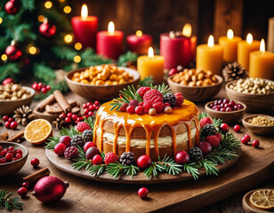 Delight in a festive 3D animated dessert display featuring a stunning cake surrounded by colorful treats and warm candle