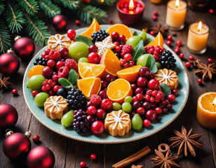 Vibrant fruit arrangement with a festive touch, showcasing autumn's bounty alongside decorative treats and warm candleli