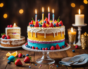 Colorful celebration cake adorned with fresh fruits and candles, perfect for a joyful gathering or special occasion deli