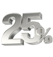 Shiny metallic silver 25 percent symbol isolated against a black background showing sale or discount.