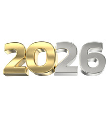 Golden and silver metallic 3D year 2026 numbers isolated on black, representing the upcoming new era and calendar date.