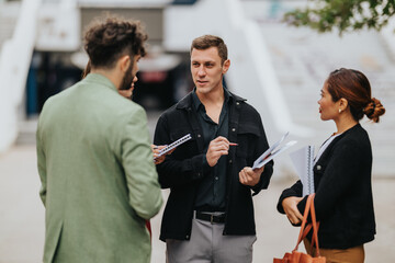Three colleagues stand outside, sharing notes and ideas with notebooks and pens. They converse seriously, reflecting collaboration, planning, and teamwork in a relaxed, urban setting.