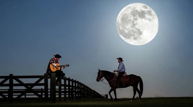 Um homem a cavalo em um campo observa um homem tocando viol&atilde;o sentado na cerca da fazenda em uma noite de lua cheia.