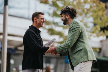 Two men meet outside in an urban setting, smiling as they shake hands and pass a document. The...