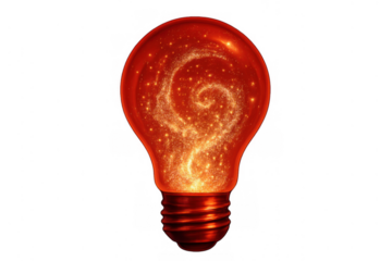 Light bulb containing a swirling galaxy of bright red and orange fiery particles, representing creativity and innovative thinking