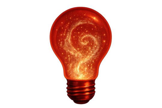 Light bulb containing a swirling galaxy of bright red and orange fiery particles, representing creativity and innovative thinking
