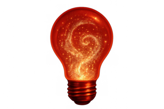 Light bulb containing a swirling galaxy of bright red and orange fiery particles, representing creativity and innovative thinking