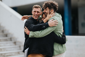 Smiling friends share a heartfelt group hug outdoors, signaling teamwork, camaraderie, and support in a casual business setting, highlighting positive relationships and collective success.