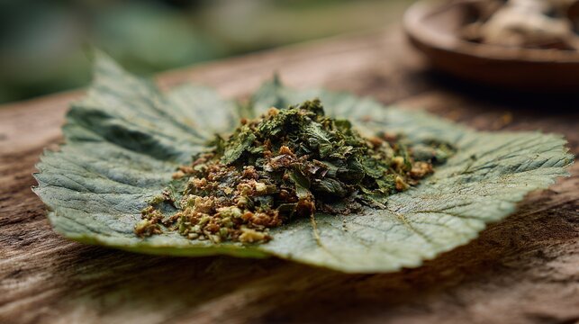 concoction. Crushed medicinal herbs mixed into a paste on a large leaf. menu design, packaging mockups, designed for culinary blogs and recipe cards for restaurants, simplifies recipe learning.