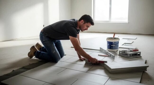 Homem instalando azulejos com argamassa no ch&atilde;o. Constru&ccedil;&atilde;o e reforma.