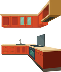 Modern L-shaped kitchen cabinetry with sleek orange finish and integrated appliances, perfect for contemporary home design.