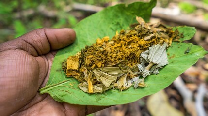 concoction. Crushed medicinal herbs mixed into a paste on a large leaf. menu design, packaging mockups, designed for culinary blogs and recipe cards for restaurants, simplifies recipe learning.