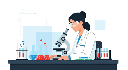 Illustration of a female scientist working in a lab with microscope and glassware